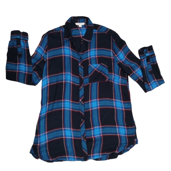 Beach Lunch Lounge Women’s Long-Sleeve Chest Pocket Plaid Button-Down Blouse S/P - Picture 6 of 7